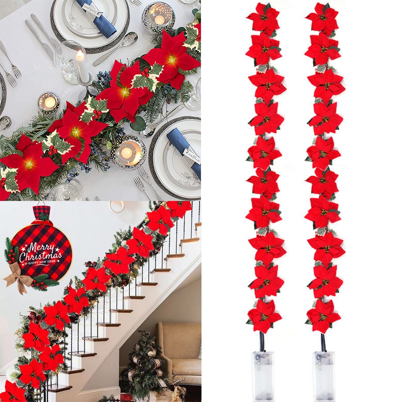 Outdoor Lighting Xmas - 2/3m Christmas Poinsettia Flower Garland String