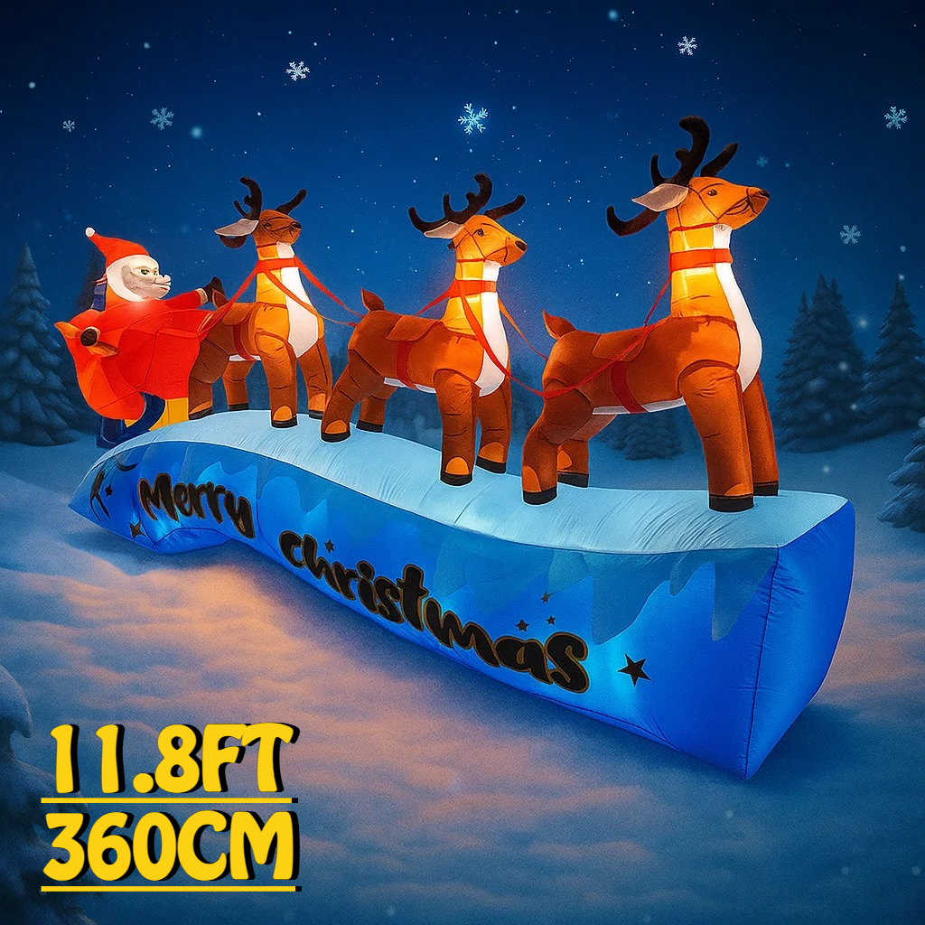 Outdoor Lighting Xmas - 11.8FT Santa Claus Reindeer Sleigh Inflatable